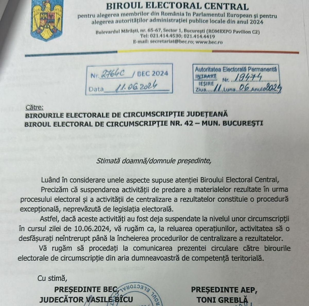 Circulară a președinților BEC și AEP